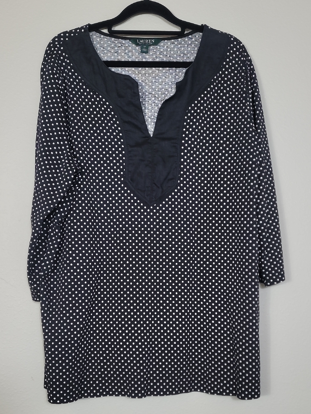 Ralph Lauren Polka Dot Tunic Top Size 2X Black White Cotton Classic Preppy